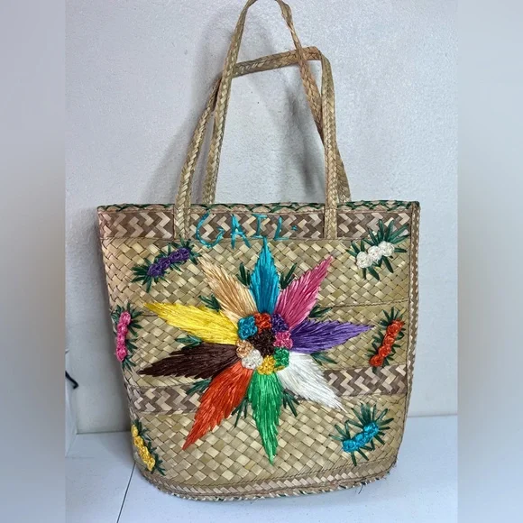 vintage bohemian Straw Multi Color Floral Embroidered GAIL Oversized Tote Bag - Picture 3 of 11